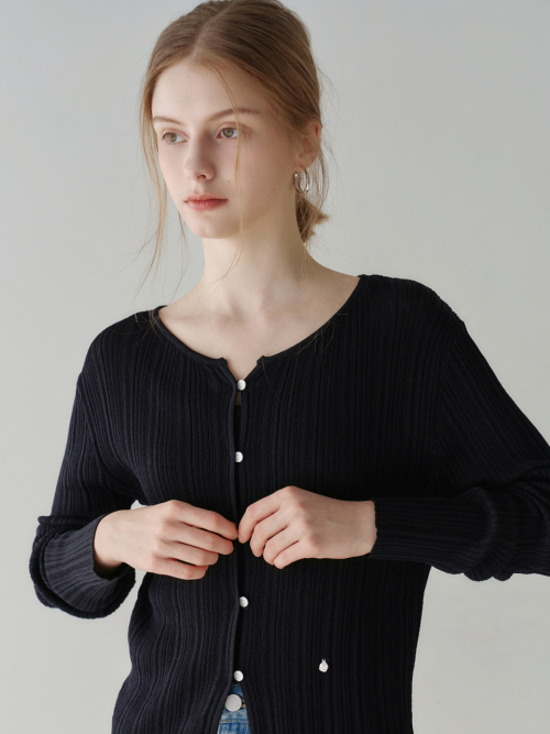 Slim Boat-neck Ribbed Cardigan Black AT6CDA009BK