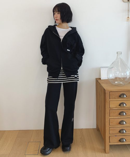 RIBBON POCKET HOODED ZIP UP BLACK