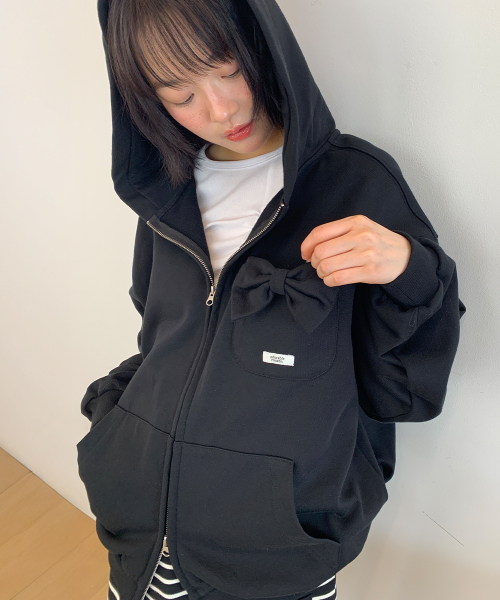 RIBBON POCKET HOODED ZIP UP BLACK