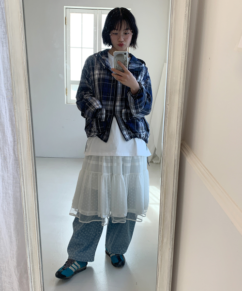 CHECK RIBBON POCKET WIND JUMPER WHITE BLUE