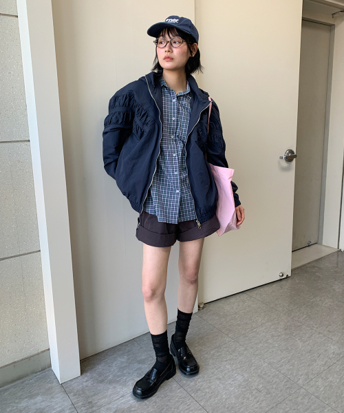RUCHED HOODED LOOSE FIT WIND JUMPER NAVY