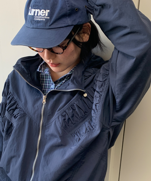 RUCHED HOODED LOOSE FIT WIND JUMPER NAVY