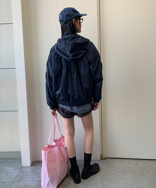 RUCHED HOODED LOOSE FIT WIND JUMPER NAVY