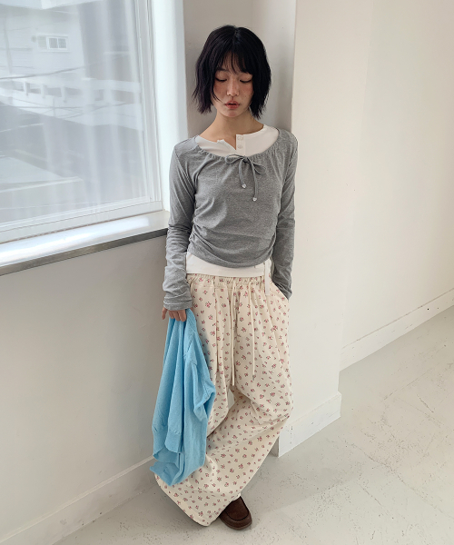 NECK SHIRRING TIE LONG SLEEVE GREY