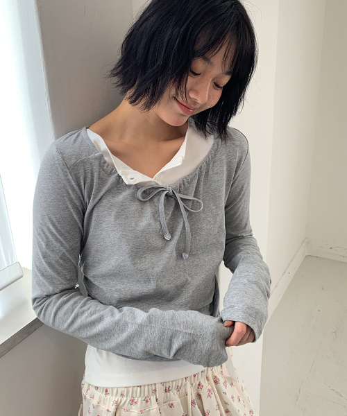NECK SHIRRING TIE LONG SLEEVE GREY