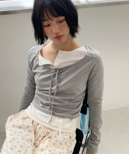 NECK SHIRRING TIE LONG SLEEVE GREY