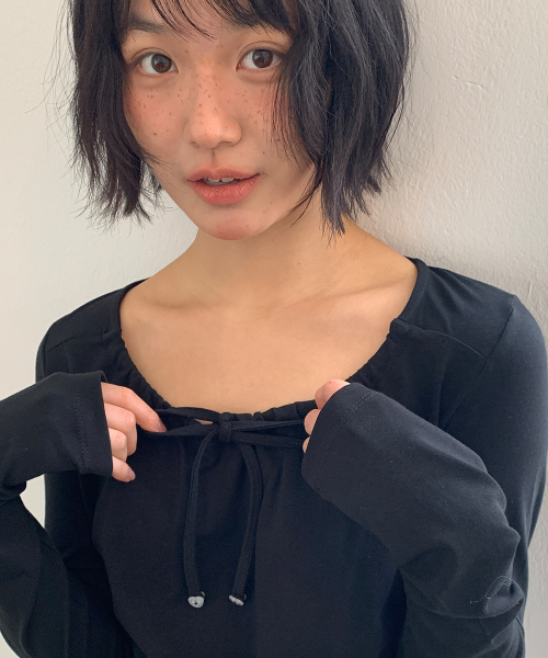 NECK SHIRRING TIE LONG SLEEVE BLACK