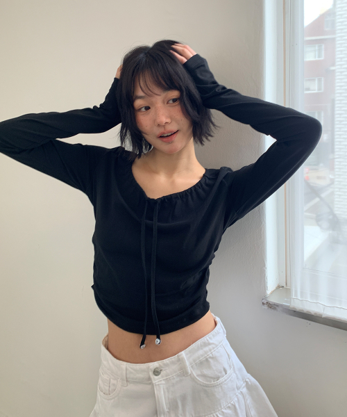 NECK SHIRRING TIE LONG SLEEVE BLACK