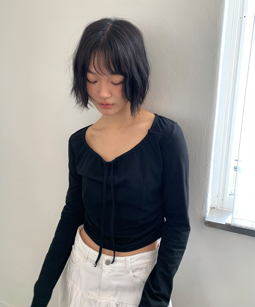 NECK SHIRRING TIE LONG SLEEVE BLACK
