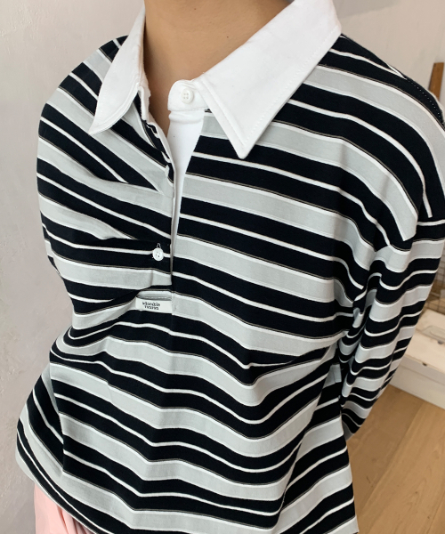 DOUBLE SHIRRING STRIPE COLLAR LONG SLEEVE BLACK