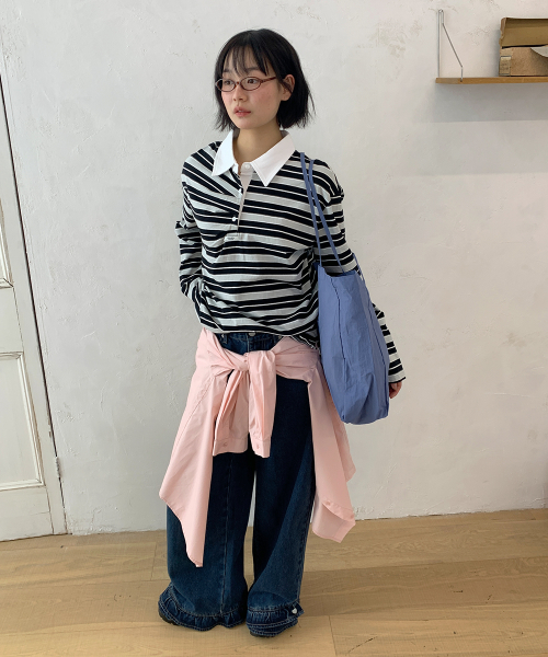 DOUBLE SHIRRING STRIPE COLLAR LONG SLEEVE BLACK