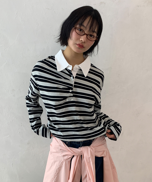 DOUBLE SHIRRING STRIPE COLLAR LONG SLEEVE BLACK