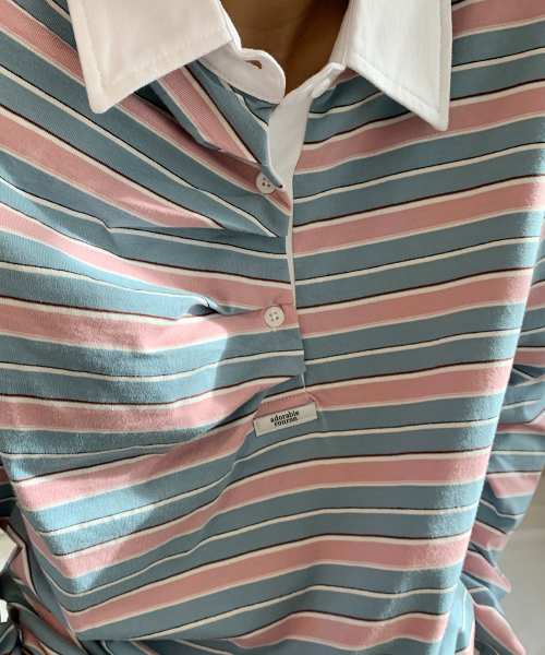 DOUBLE SHIRRING STRIPE COLLAR LONG SLEEVE PINK