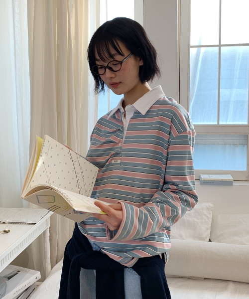 DOUBLE SHIRRING STRIPE COLLAR LONG SLEEVE PINK