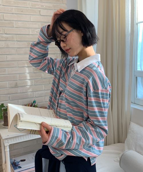DOUBLE SHIRRING STRIPE COLLAR LONG SLEEVE PINK