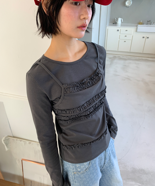 FRILL LAYERED LONG SLEEVE T SHIRT CHARCOAL