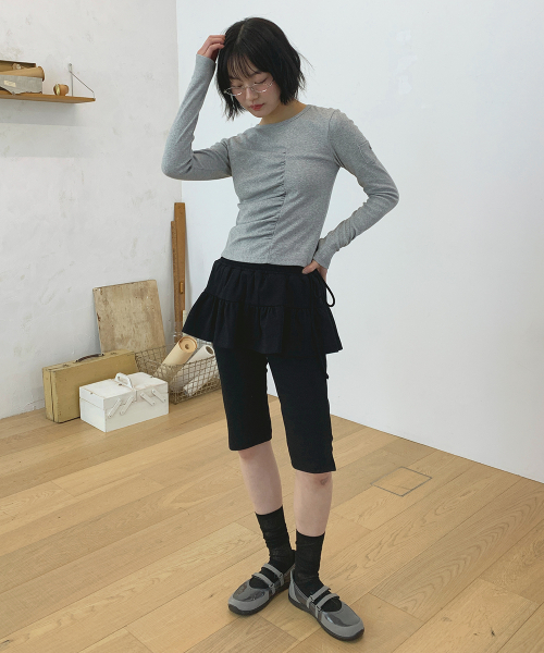 SMOCKED SHIRRING CAPRI LEGGINGS PANTS BLACK
