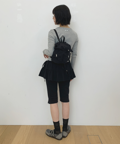SMOCKED SHIRRING CAPRI LEGGINGS PANTS BLACK