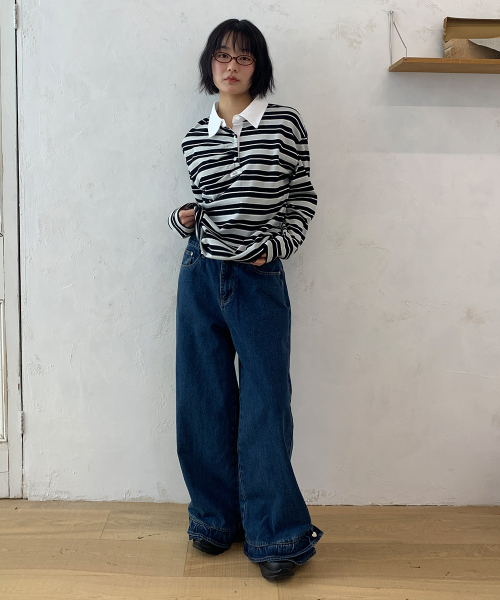 FRILL HEM WIDE DENIM PANTS MEDIUM BLUE
