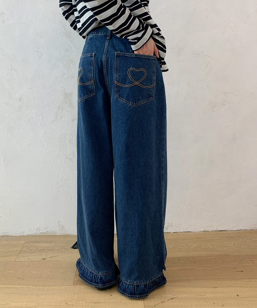 FRILL HEM WIDE DENIM PANTS MEDIUM BLUE