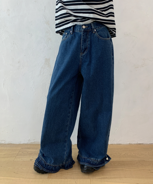 FRILL HEM WIDE DENIM PANTS MEDIUM BLUE