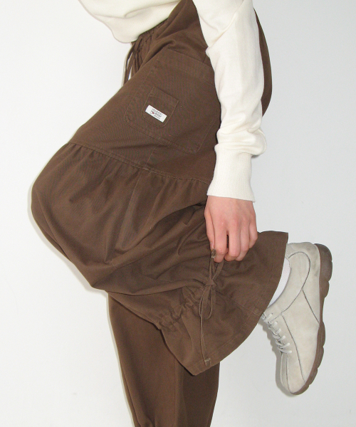 STRING FRILL SHIRRING WIDE PANTS BROWN