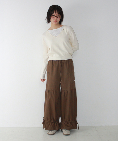 STRING FRILL SHIRRING WIDE PANTS BROWN