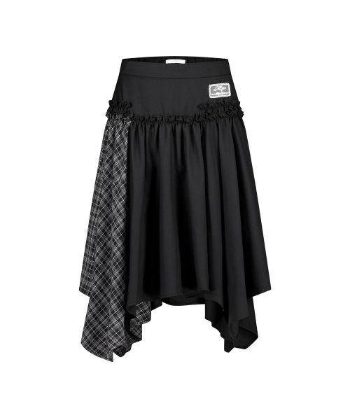 CHECK COLOR-BLOCK MIDI SKIRT BLACK