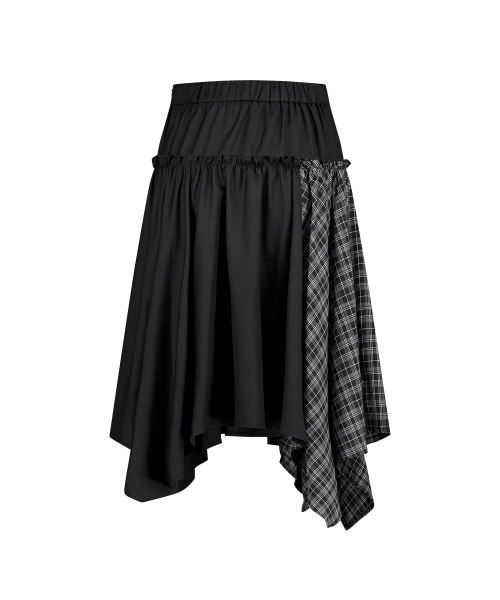 CHECK COLOR-BLOCK MIDI SKIRT BLACK