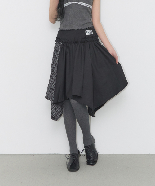 CHECK COLOR-BLOCK MIDI SKIRT BLACK