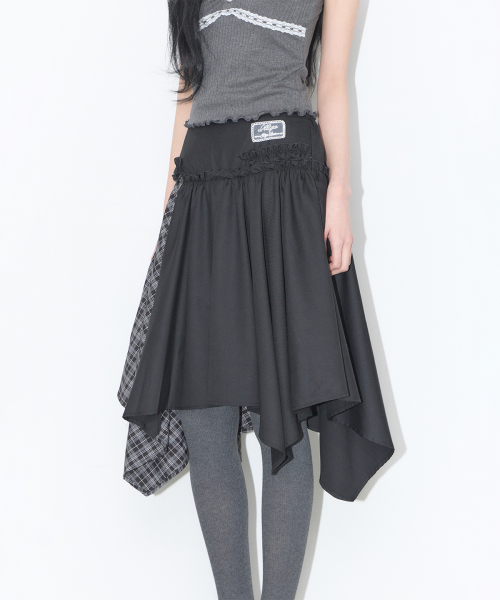 CHECK COLOR-BLOCK MIDI SKIRT BLACK