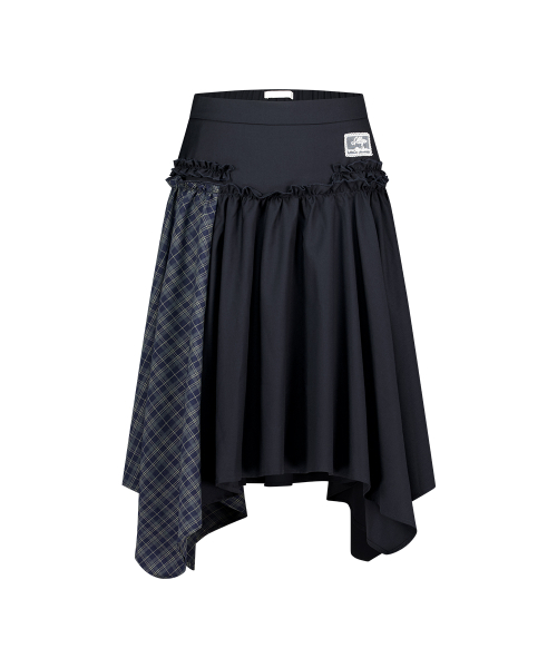 CHECK COLOR-BLOCK MIDI SKIRT NAVY