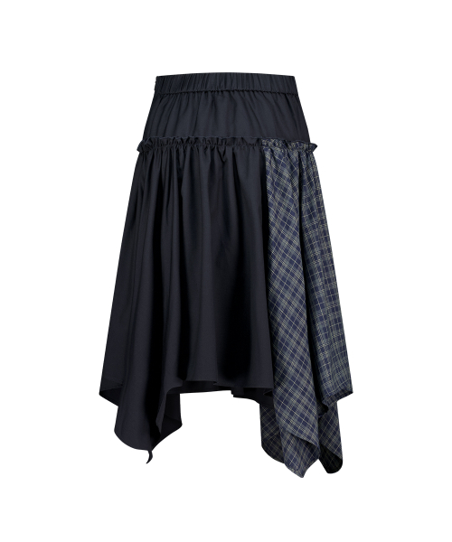 CHECK COLOR-BLOCK MIDI SKIRT NAVY