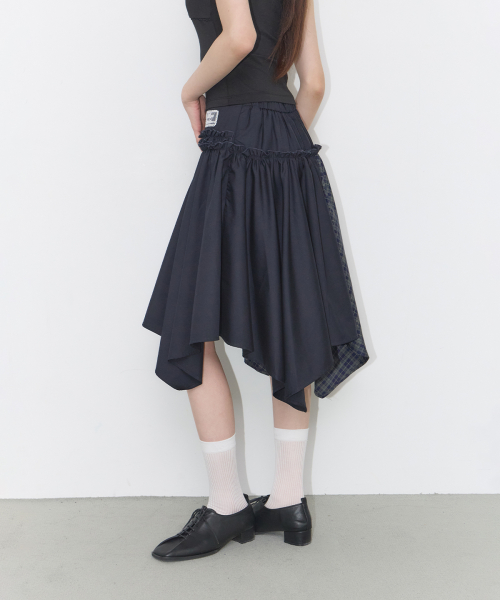 CHECK COLOR-BLOCK MIDI SKIRT NAVY