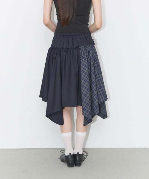 CHECK COLOR-BLOCK MIDI SKIRT NAVY