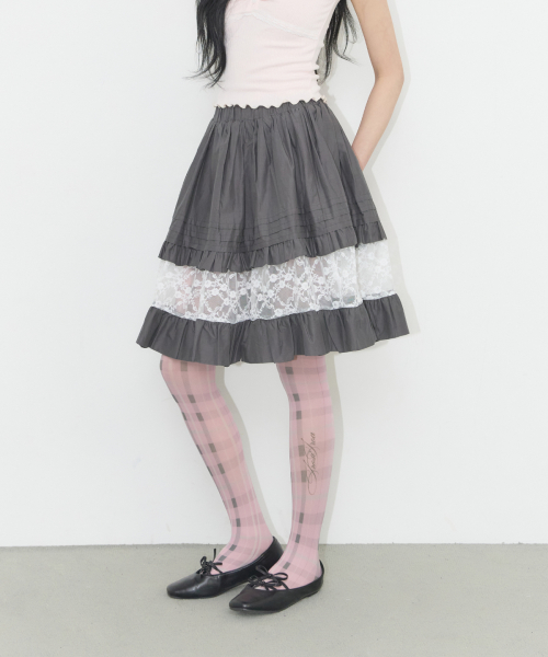FLOWER TIERED MIDI SKIRT CHARCOAL