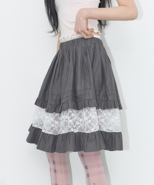 FLOWER TIERED MIDI SKIRT CHARCOAL