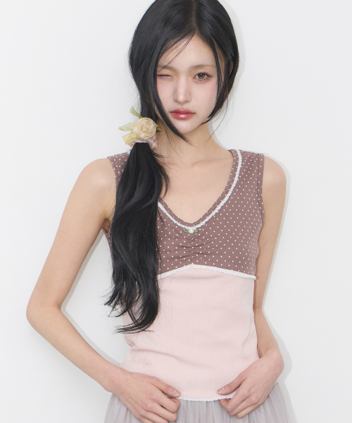 DOT COLOR-BLOCKED SLEEVELESS BROWN