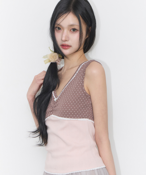 DOT COLOR-BLOCKED SLEEVELESS BROWN