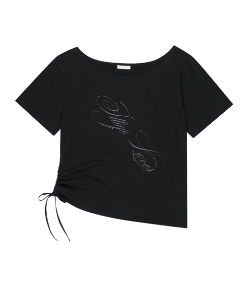 RIBBON STRING OFF SHOULDER T-SHIRT BLACK