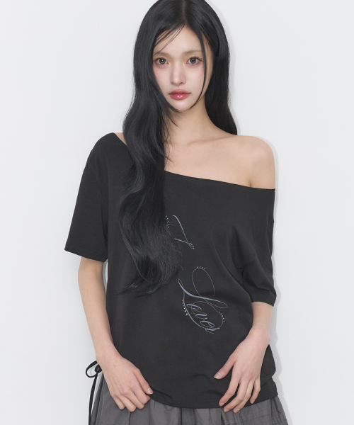 RIBBON STRING OFF SHOULDER T-SHIRT BLACK