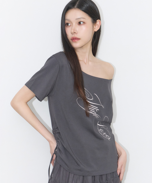 RIBBON STRING OFF SHOULDER T-SHIRT CHARCOAL