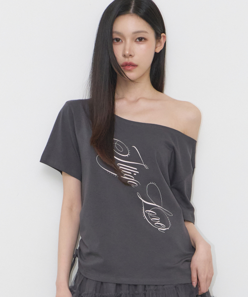 RIBBON STRING OFF SHOULDER T-SHIRT CHARCOAL