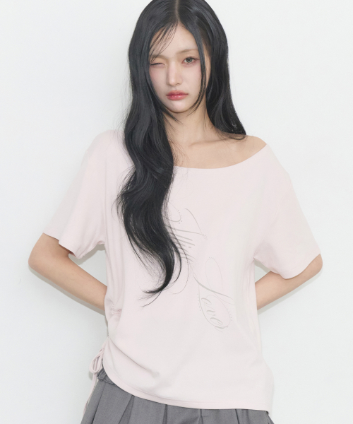 RIBBON STRING OFF SHOULDER T-SHIRT PINK