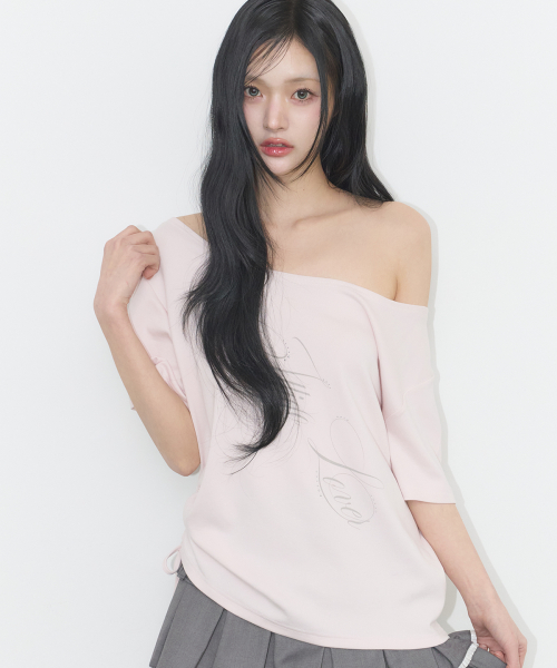 RIBBON STRING OFF SHOULDER T-SHIRT PINK
