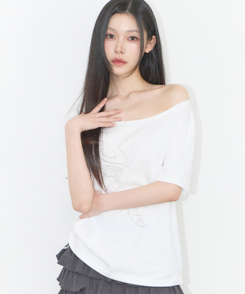 RIBBON STRING OFF SHOULDER T-SHIRT WHITE