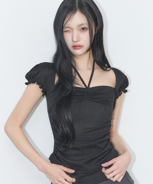 SHIRRING HALTER TOP BLACK
