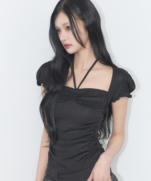 SHIRRING HALTER TOP BLACK