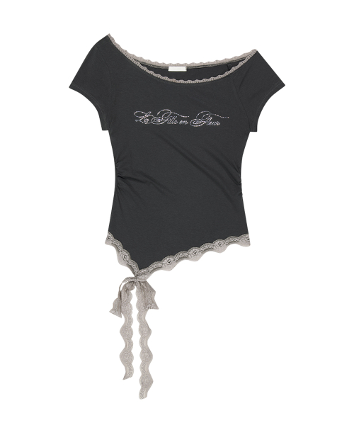 LACE BOAT NECK SHIRRING TOP CHARCOAL