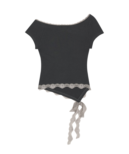 LACE BOAT NECK SHIRRING TOP CHARCOAL